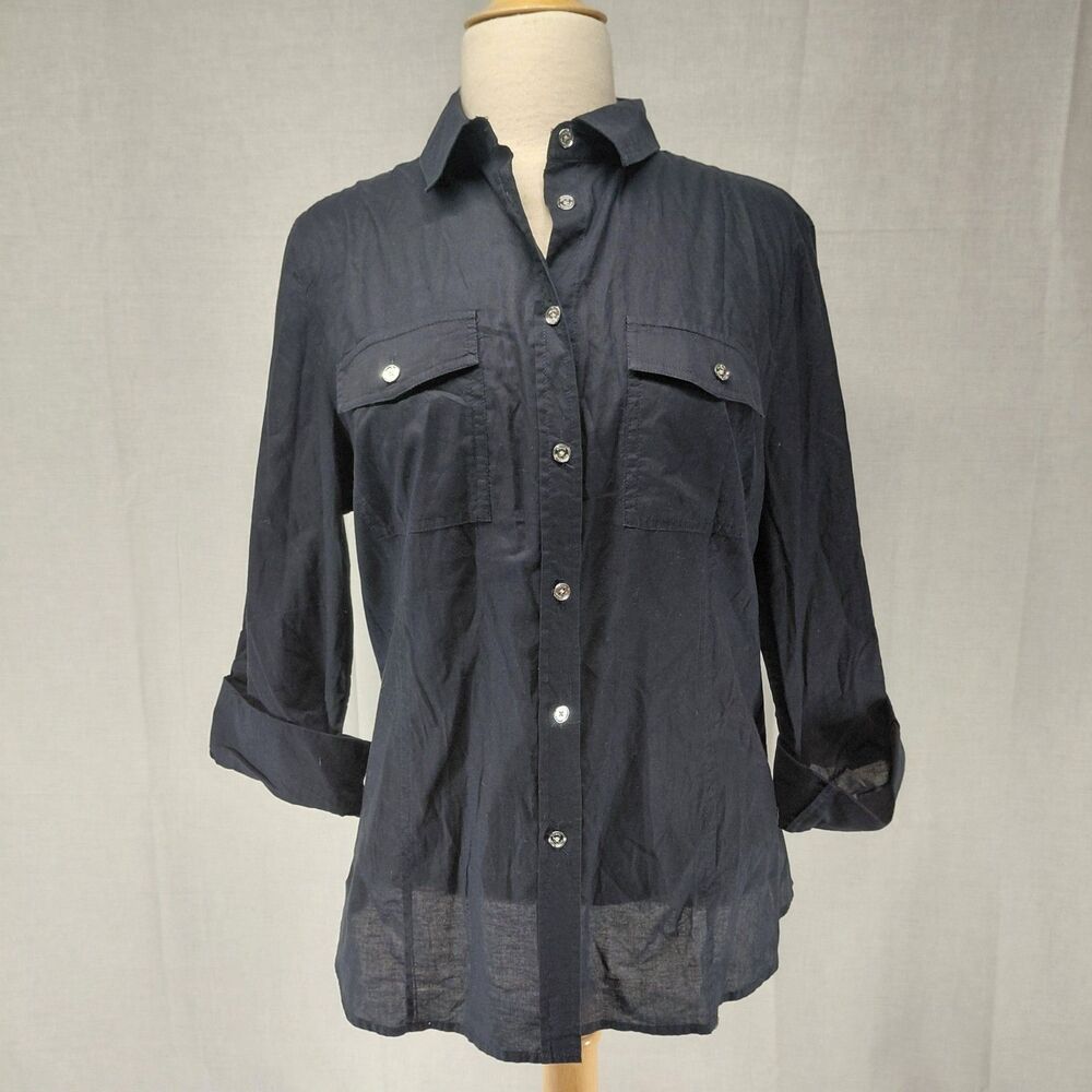 Michael Kors Button-up Rolled Sleeve Blouse Navy Silver Buttons Sz XL